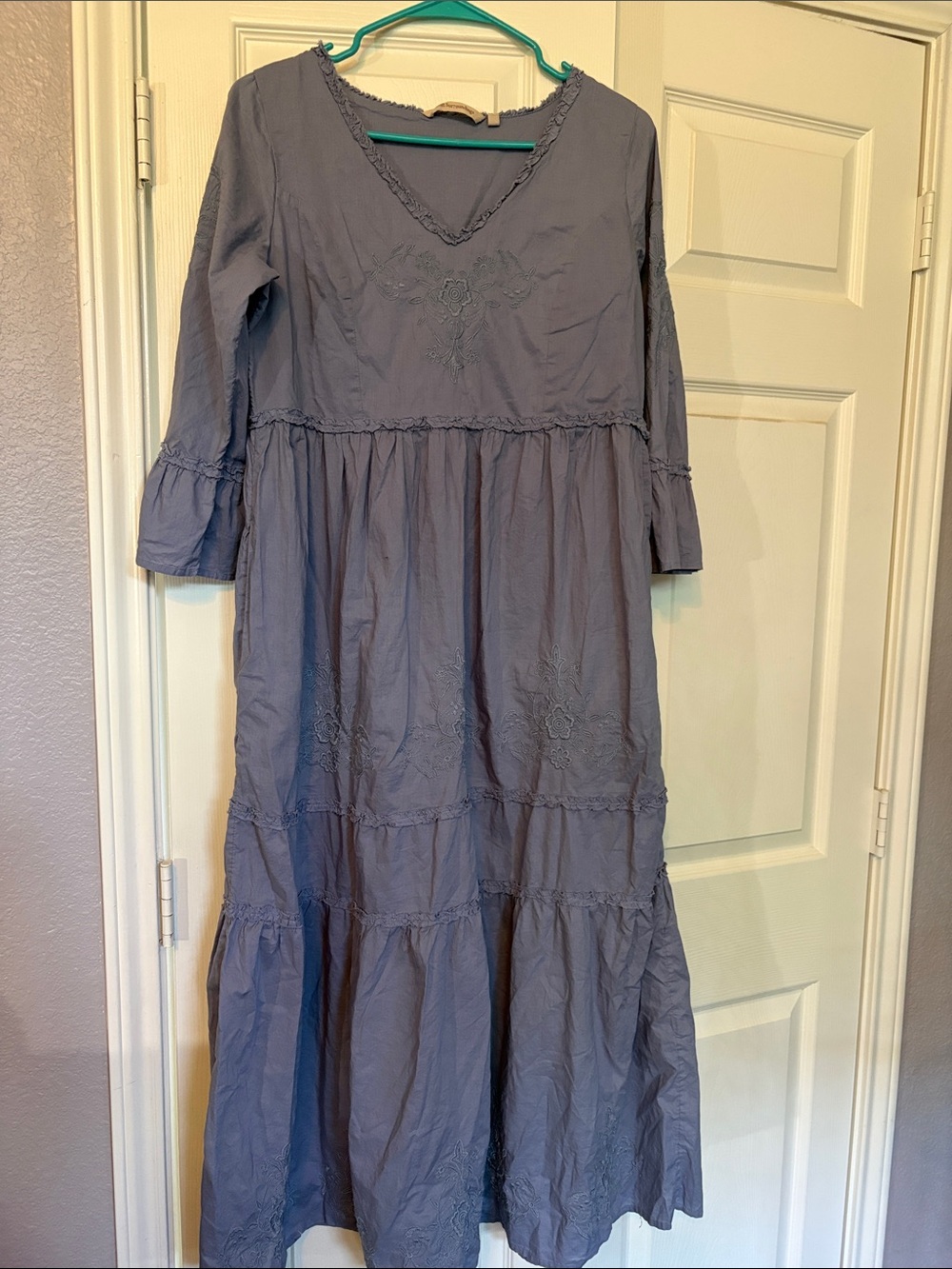 Soft Surroundings Slate-Blue Tiered Embroidered gown
